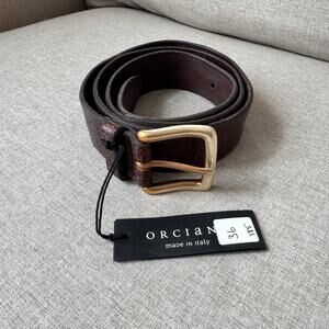 Orciani Winter Italian Leather Crackle Texture Brown Brass Buckle Belt 100 NEW